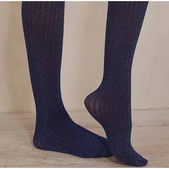 Free People Shimmer Tights NEW Dark Blue Ribbed One Size Boho Fall Made in Italy - Picture 5 of 8